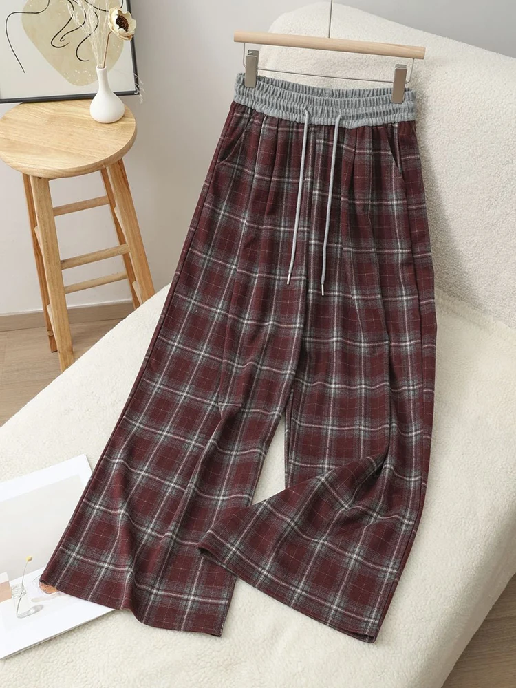 Pantalones de pierna ancha a cuadros Vintage para mujer, ropa de calle Y2K de otoño, Pantalones rectos de retales, pantalones deportivos con cordón de cintura alta Harajuku