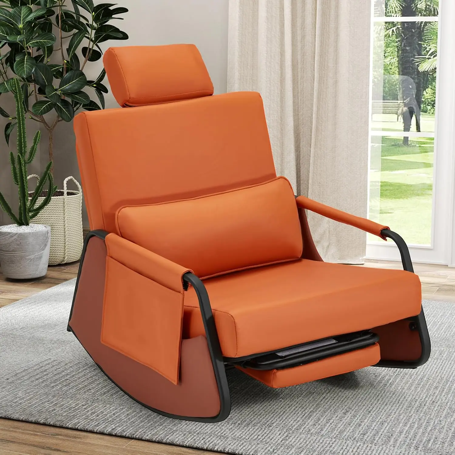 

Rocking Chair Retractable Footrest Adjustable Backrest Glider w/Headrest (Leather, Orange)
