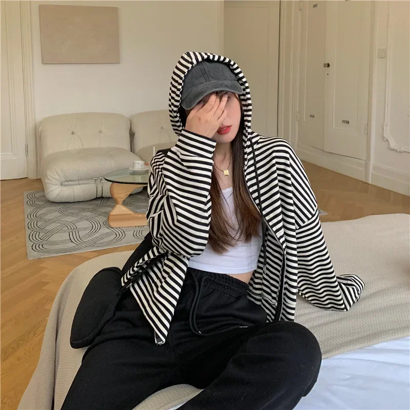 Korean Style Hoodies For Girls Vintage stripe Zip Up Women Top Long Sleeve Oversized Hooded Sweatshirt Jacket Casual short Coats