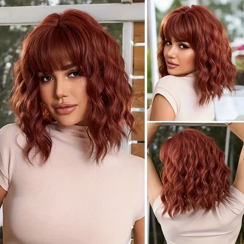 Synthetic Wig With Bangs Wig For Women Short Bob Wavy Curly Wig Hair Wigs Heat Resistant Hair Replacement Wigs