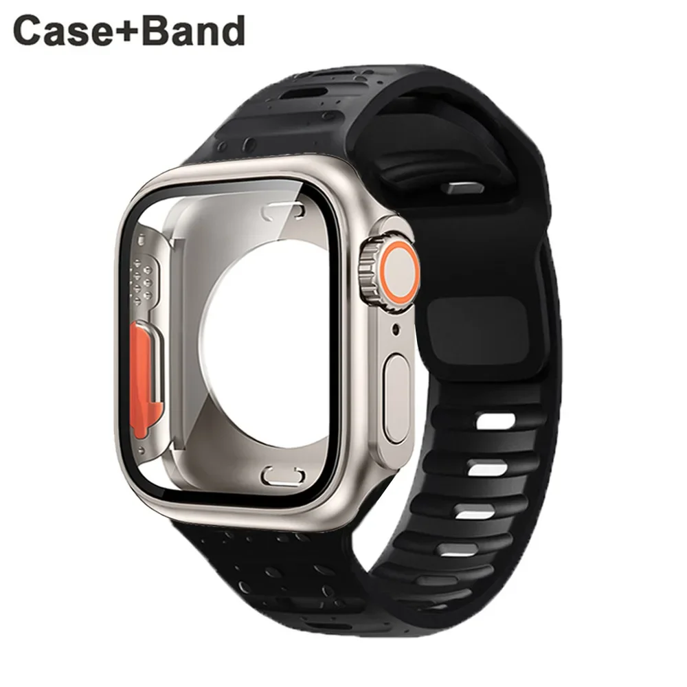 Silicone strap+case For Apple Watch Case 44mm 45mm 41mm 40mm Screen protectores Change to Ultra For iWatch Series 9 8 7 SE 6 5