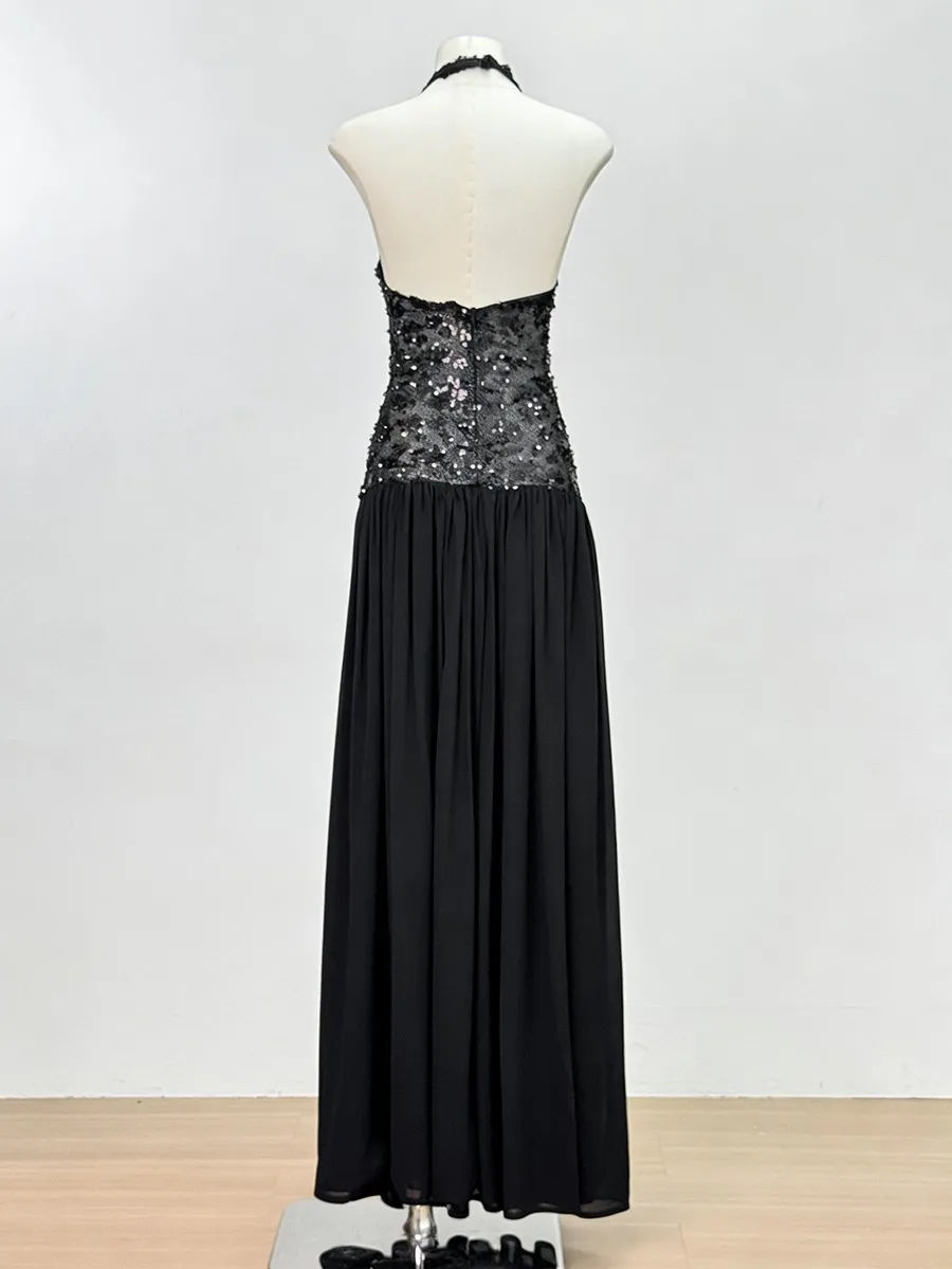 TWOTWINSTYLE Solido Sheer Impiombato Paillettes Abiti Eleganti per Le Donne Halter Senza Maniche Tunica Patchwork Pieghe Vestito di Moda Femminile