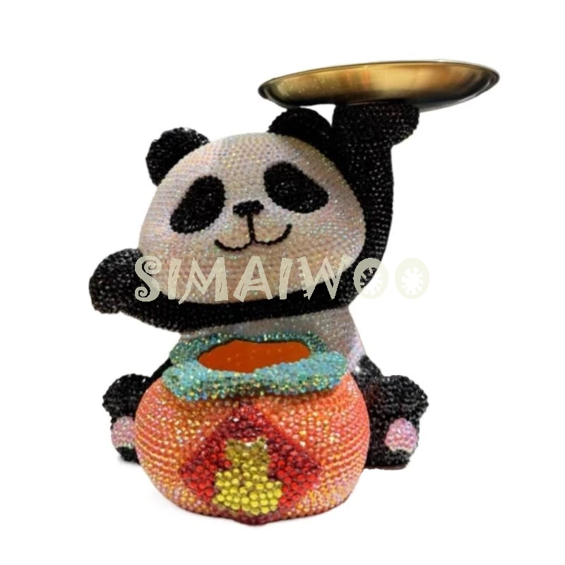 DIY Rhinestone Sitting Panda Key Collector Plate Bling Mosaic Shiny Crystal Home Exhibition Handcraft Cross Stitch Kid Gift