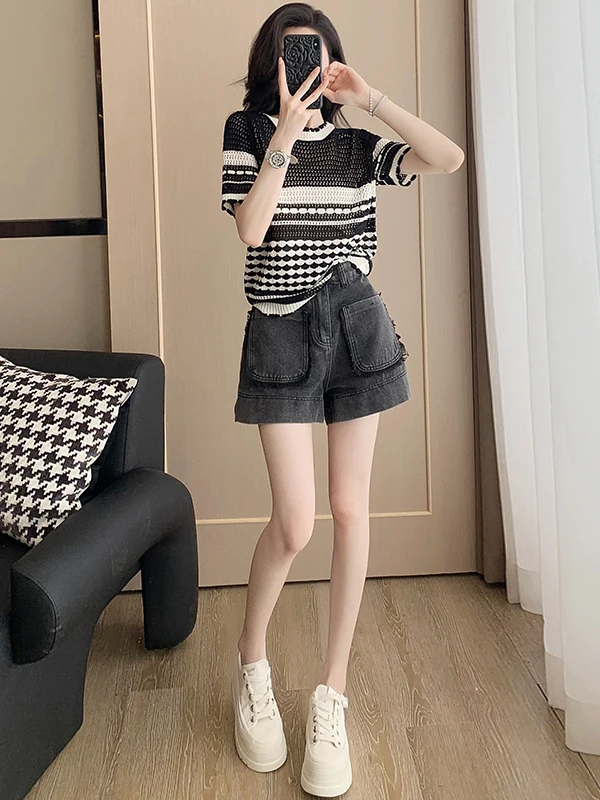 

Retro Hong Kong Style Casual Sportswear Set Women's Summer Lightweight Knitted Short Sleeve Top Grey Shorts Two-Piece Set