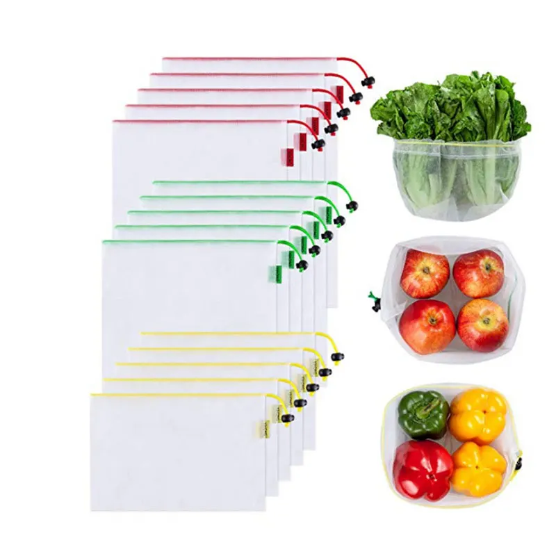 

Fruit Vegetable Storage See-Through Washable Grogery Bags Eco-Friendly Reusable Organic Cotton Mesh Produce Bags Set