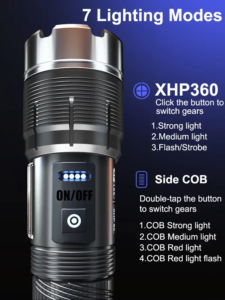 5000000 LM Powerful Led Flashlight XHP360 High Power Torch Lights XHP199 Rechargeable Tactical Flashlight 26650 Usb Camping Lamp