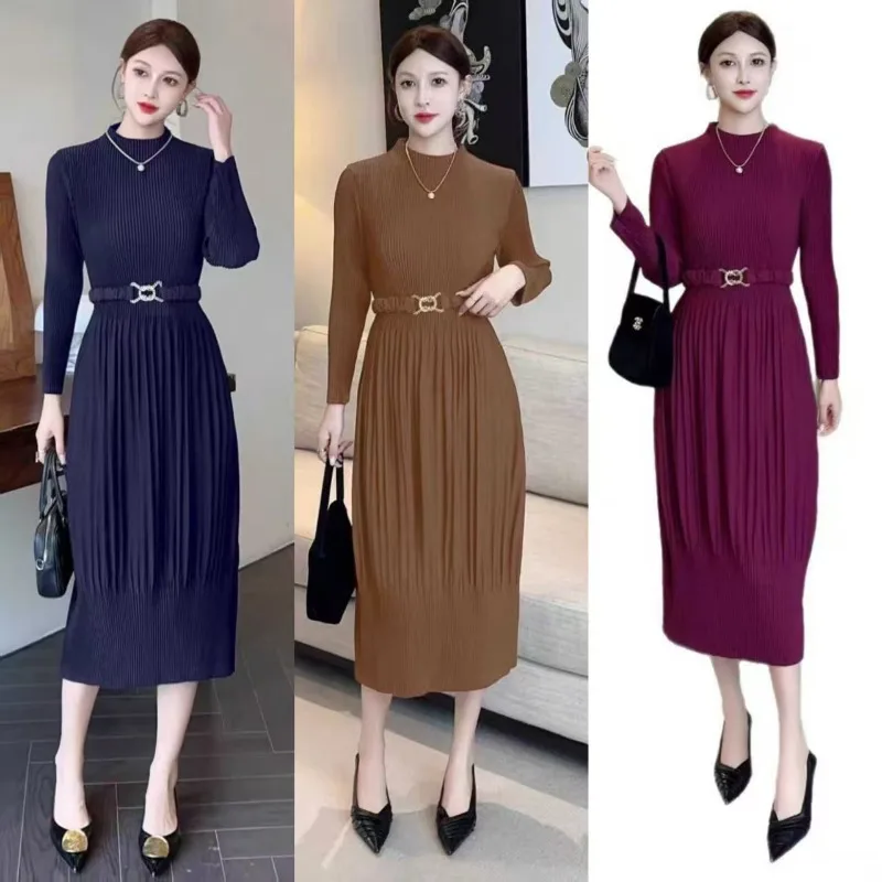 

Плиссированные темпераментные платья Miyake, женские осенние платья 2022, новинка во французском стиле ретро, шикарная тонкая юбка в стиле Хепберн, нишевая женская одежда