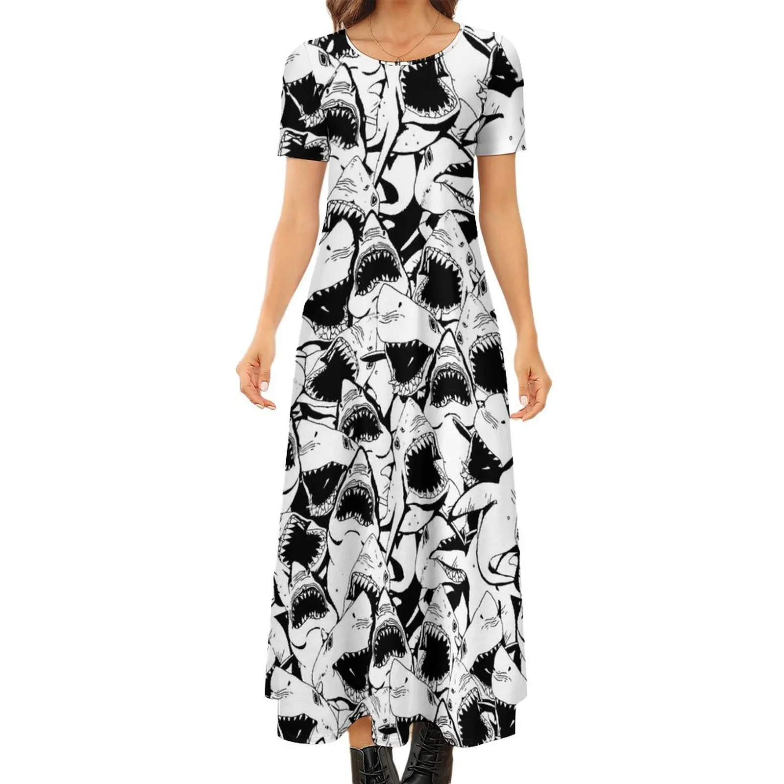 

Great White Sharks Dress Black and White Cute Maxi Dress Woman Short Sleeve Aesthetic Boho Beach Long Dresses Big Size 6XL 7XL