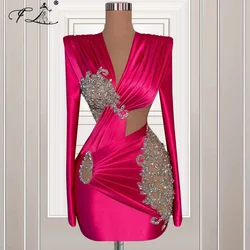 Customized Beaded Fuchsia Cocktail Dress Women Sexy V-Neck Long Sleeves Party Dress Glitter Short Mini Homecoming Dress