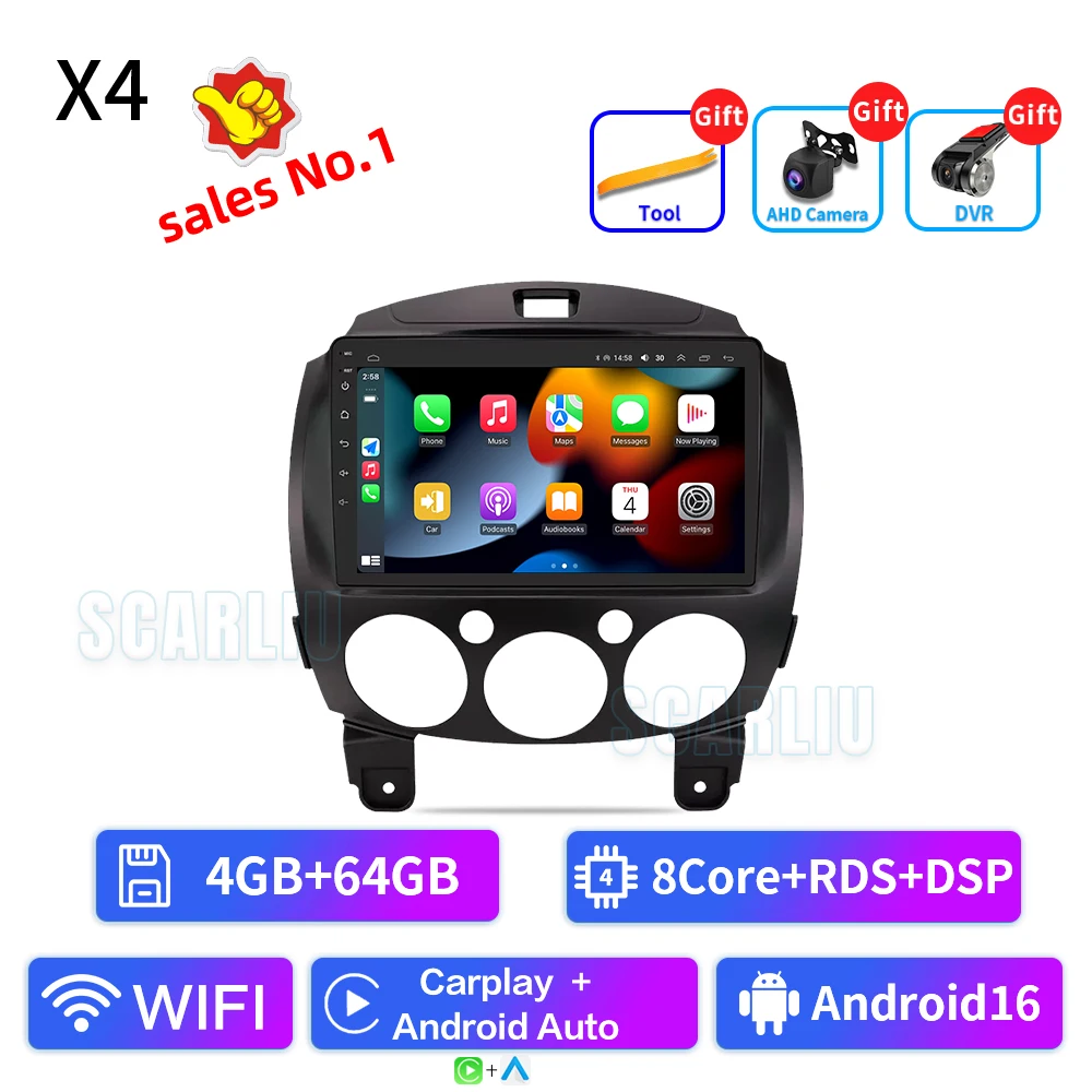 SCARLIU voor Mazda 2 2007-2014 Multimedia Video Player 4G WIFI GPS Navigatie Carplay DVD Head Unit 2 Din Android 16 Autoradio