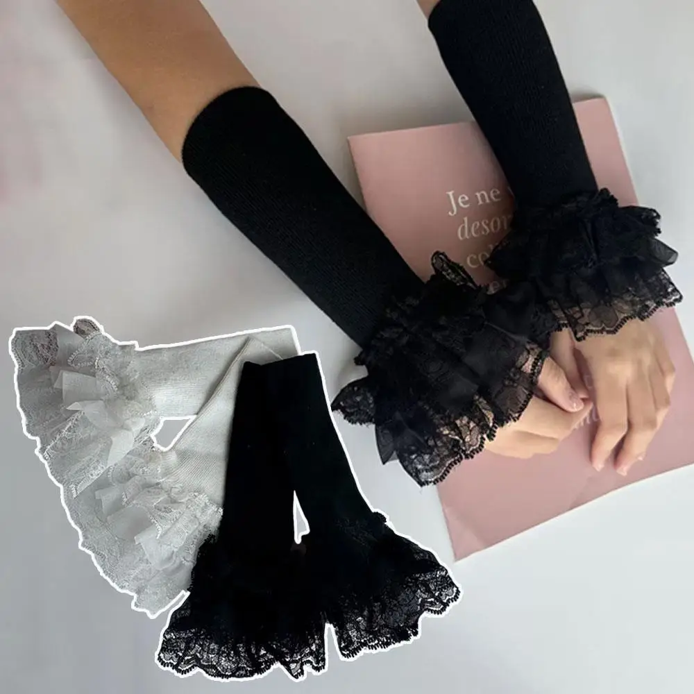 1 Pair Elastic Yarn Lace Arm Sleeves Women Warm Autumn Winter Long Gloves Knitted Patchwork Clothes Decoration Trendy Gloves