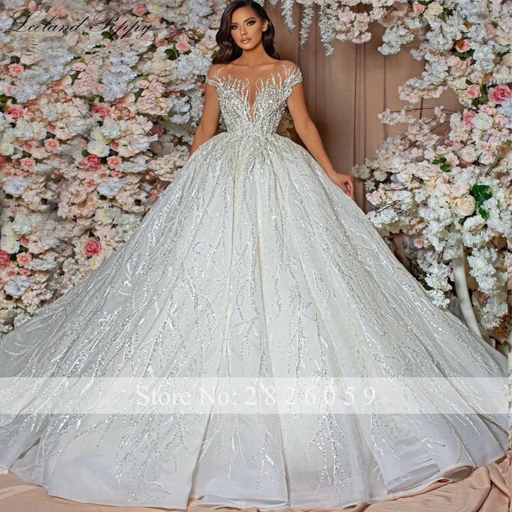 Lceland Poppy Customized Ball Gown Lace Wedding Dresses Floor Length Sequins Beaded Bridal Gowns with Chapel Train