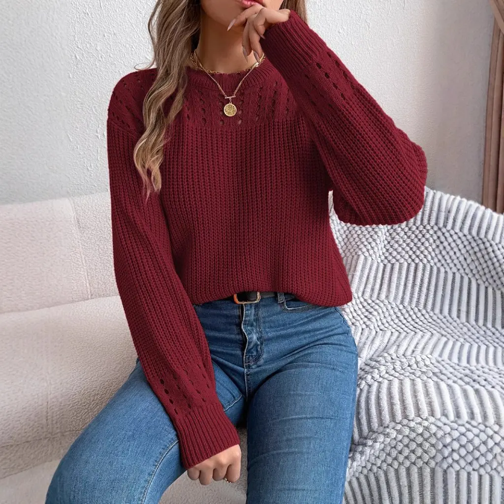 

Women's Casual Long-Sleeved Pullover Sweater Pure Color Cut out Lantern Style Independent European American Fashion