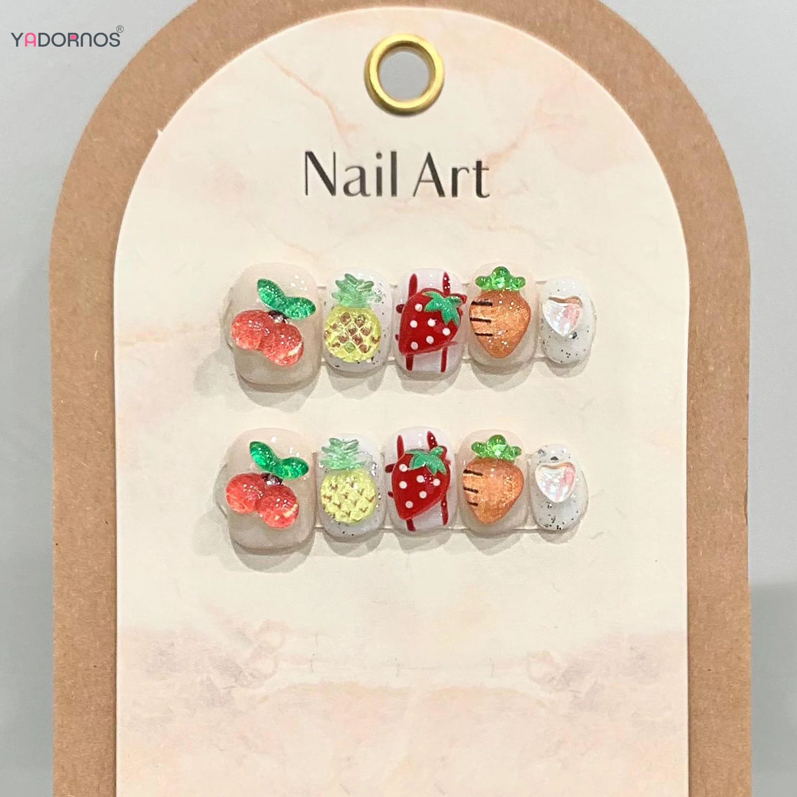 

White Dopamine Fake Nails Short Square Round False Nail With Diverse Fruit Decor Wearable Removable Handmade Press On Fingernail