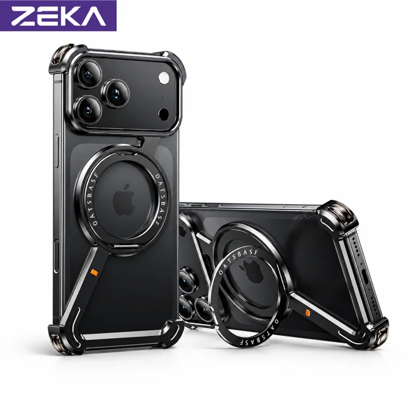ZEKA Metal Magnetic Case For iPhone 18 Pro/Pro Max Frameless Shockproof Case with 360° Rotating Stand Airbag Corners Cooling