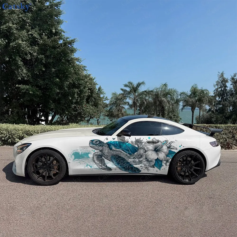 2pcs Sea Turtle Seashell Flower Car Side Wraps, Self-Adhesive PVC Waterproof & Scratch-Resistant Stickers, Car Accessory Gift