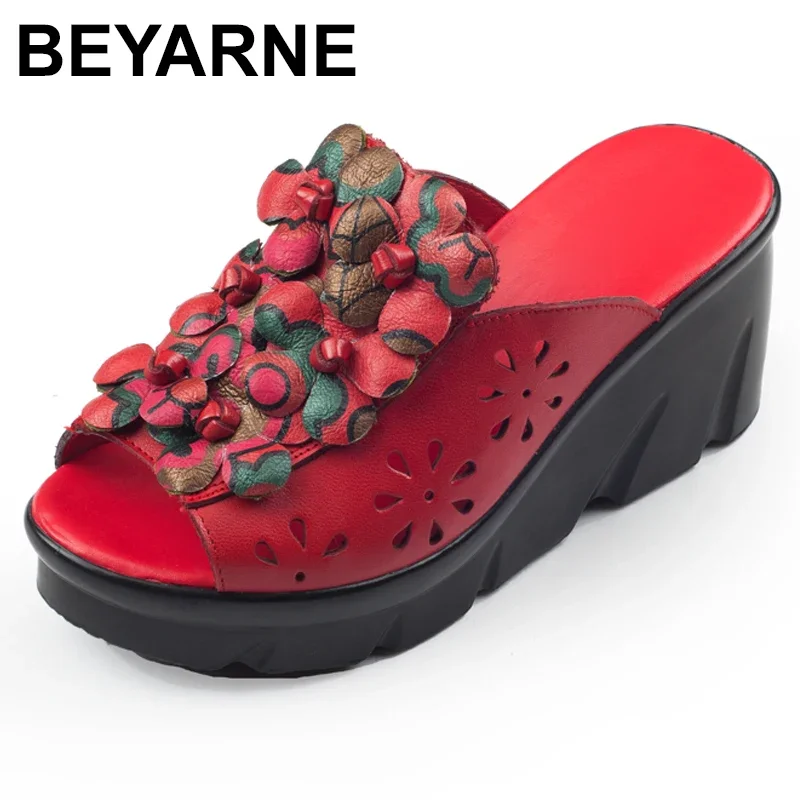 

BEYARNESummer Women Shoes Wedges Slippers Platform Sandals Genuine Leather Handmade Flower Hollow Comfortable Women SlidesE784