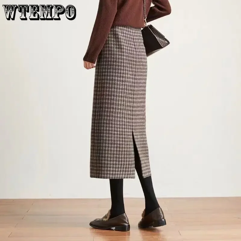 

WTEMPO Classic Plaid Midi Skirts Women Autumn Vintage Elegant Office Ladies Behind Slit Designed All-match Harajuku Fashion