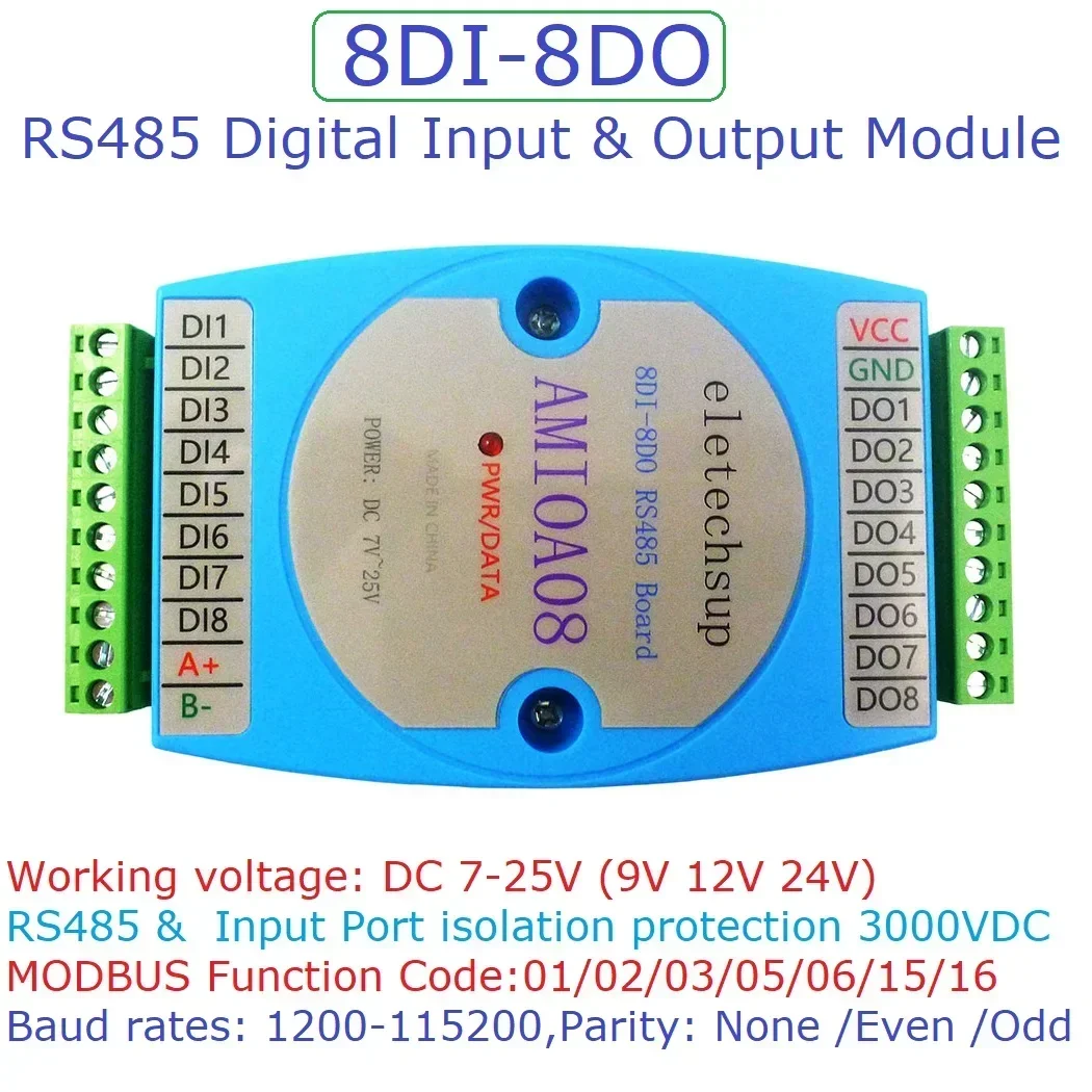 AMIOA08 DC 12V 24V 8DI-8DO RS485 Isolated Communication Digital Input and Output MODBUS RTU PLC Module