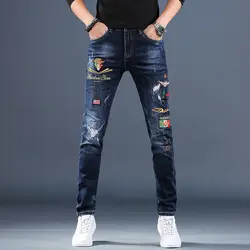 Harajuku Fashion Men's High-end Embroidered Jeans Korean Style Prints Patches Slim Fit Casual Spring Autumn Cowboy Trousers