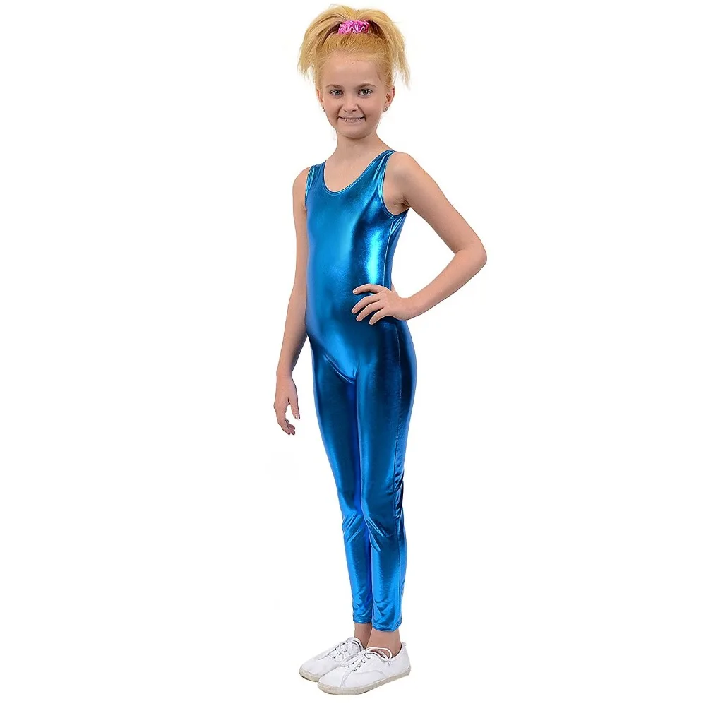 Kid Shiny Metallic Spandex Unitards Sleeveless Catsuit Stage Costumes Children Gymnastics Suit Tank Dance Clothes Teens Toddlers