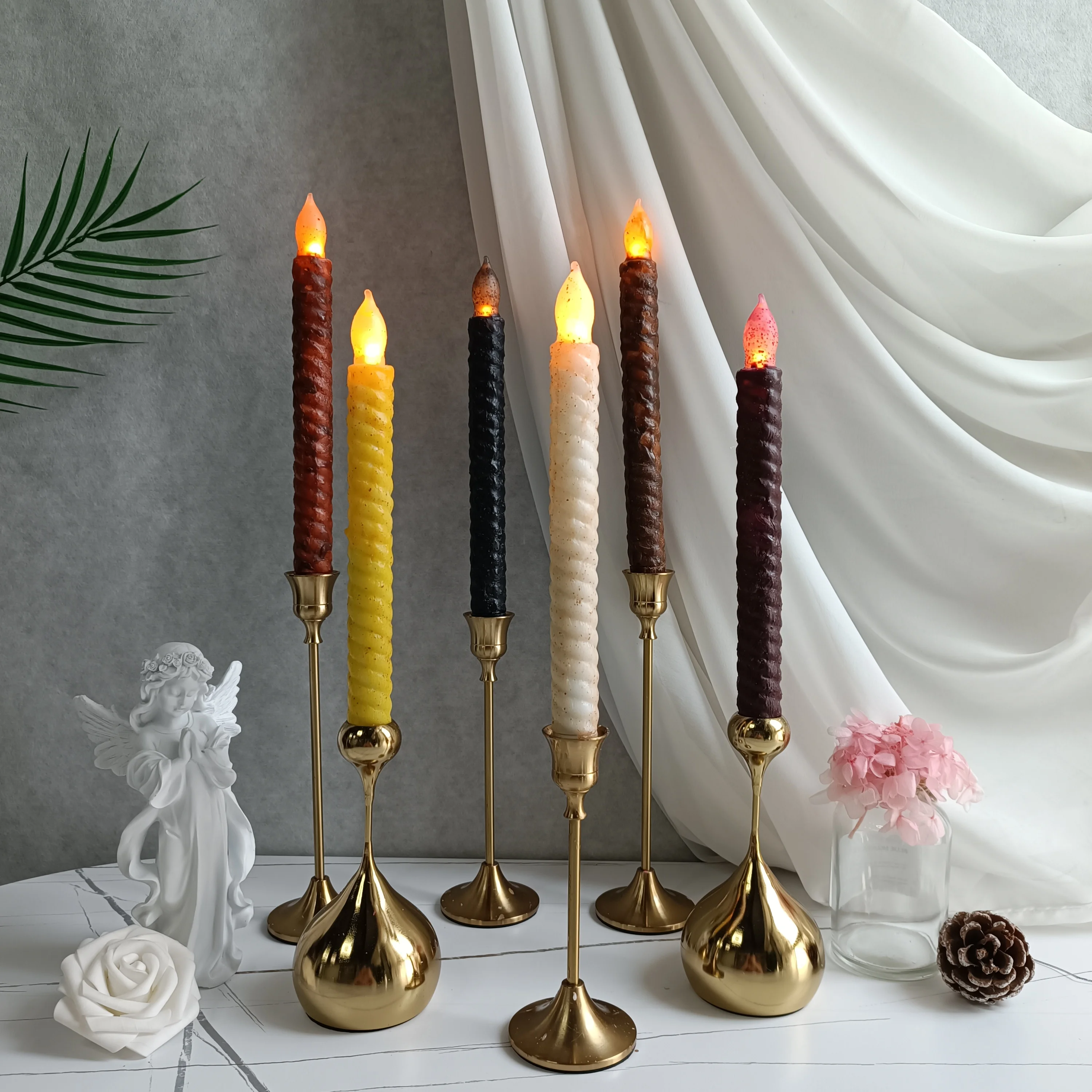 9.8 Inch Vintage Spiral Coated Wax LED Candle Home Decor Smokeless No Wax Dripping Candle Battery Powered Handmade Candle