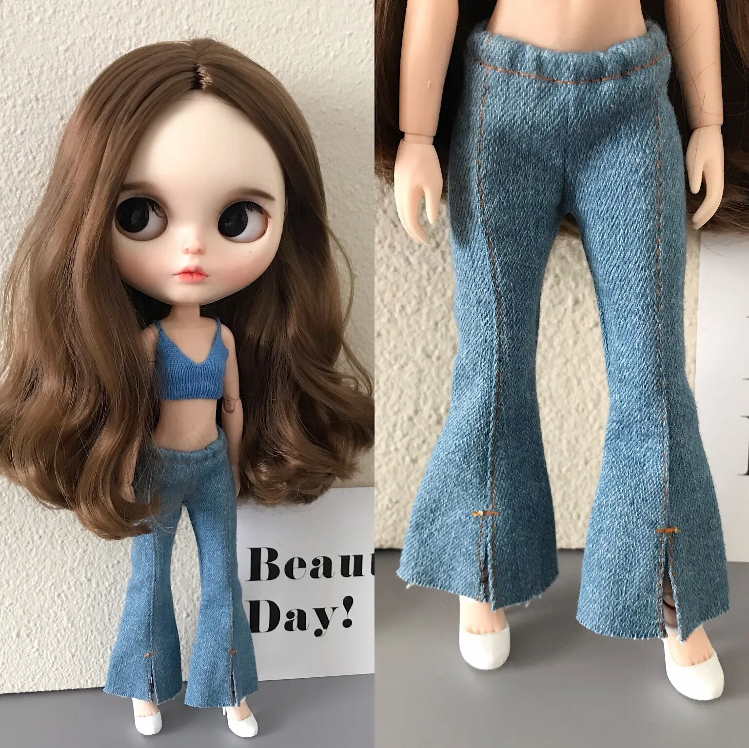 D04-B114 children handmade toy ob24 ob27 1/6 Doll BJD/SD doll Accessories Blue front slit bell bottoms 1pcs