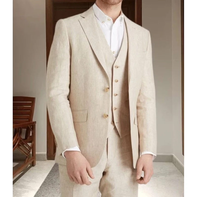 Beige Men Suits Notch Lapel Single Breasted Luxury 3 Piece Jacket Pants Vest Casual Costume Homme Slim Fit Elegant Terno Custom