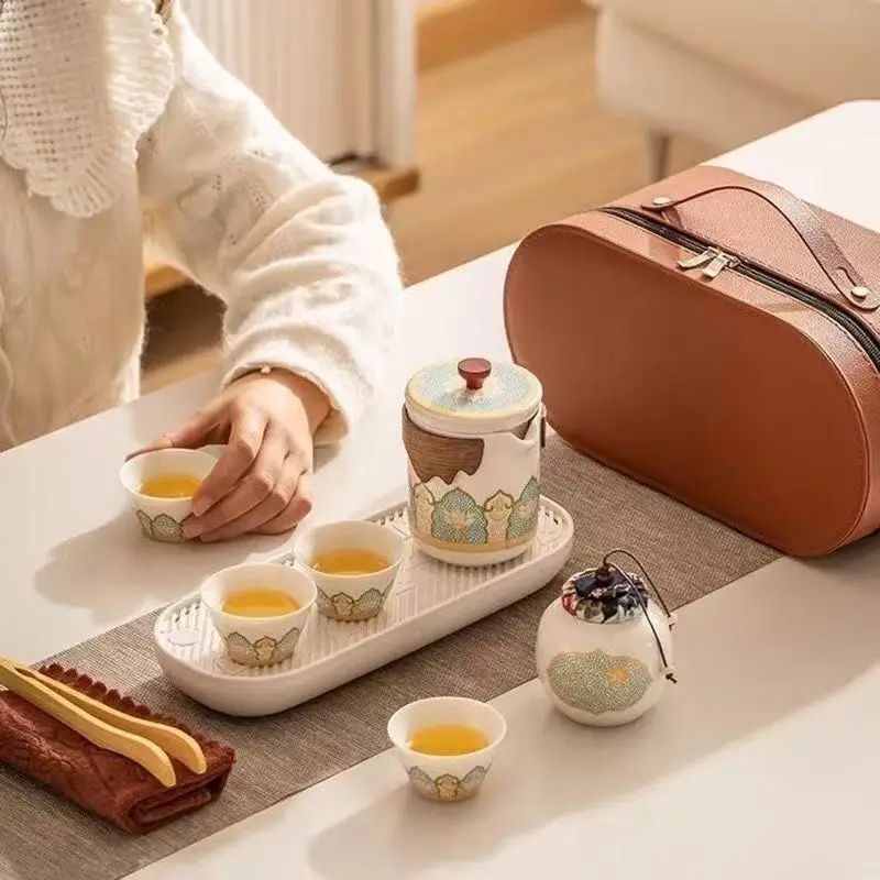 Exquisite Painted Travel Tea Set, Outdoor Teapot, Portable Ceramic Quick Cup, 1 Teapot and 4 Tea Cups
