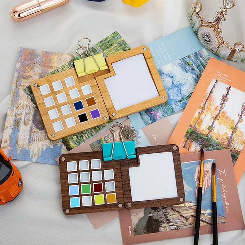 15 Grid Portable Sketchbook Watercolor Palette Mini Wooden Color Palette Box Travel Watercolor Case Art Painting Supplies