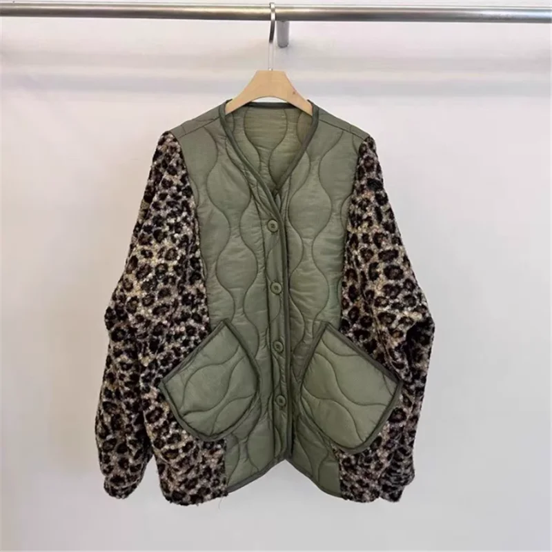 

Женская куртка с леопардовым принтом в стиле ретро, новая зимняя куртка с v-образным вырезом, зеленое, черное, свободное пальто, повседневная толстая парка, теплая верхняя одежда