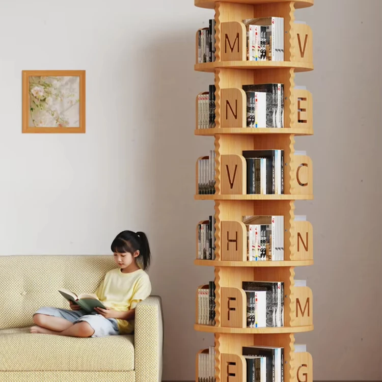 360-degree-solid-wood-rotating-bookshelf-children's-floor-standing-picture-book-rack-storage-rack-bamboo-wood-craftsmanship