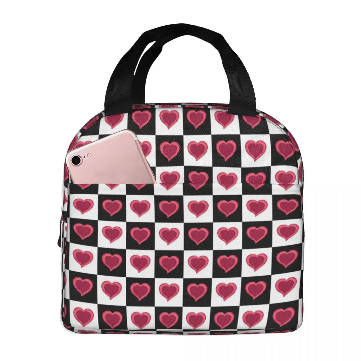 Red Watercolor Hearts Black And White Checkered Pattern Lunch Bags Insulated Bento Box Lunch Tote Picnic Bags Thermal Bag