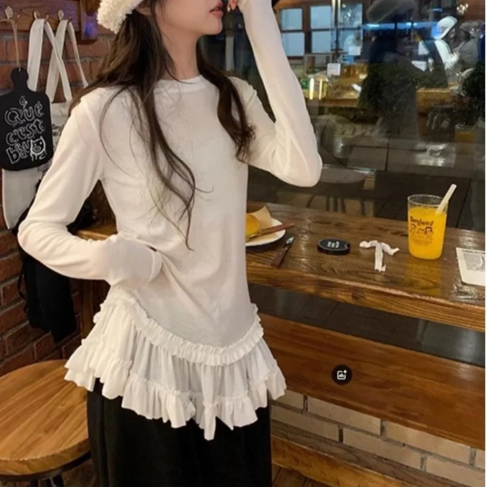 Ballet Schimmel Rand Plooirok T-shirt met lange mouwen Dames Lente 2025, Nieuwe Niche Dun Gestapeld Dieptepunt Shirt