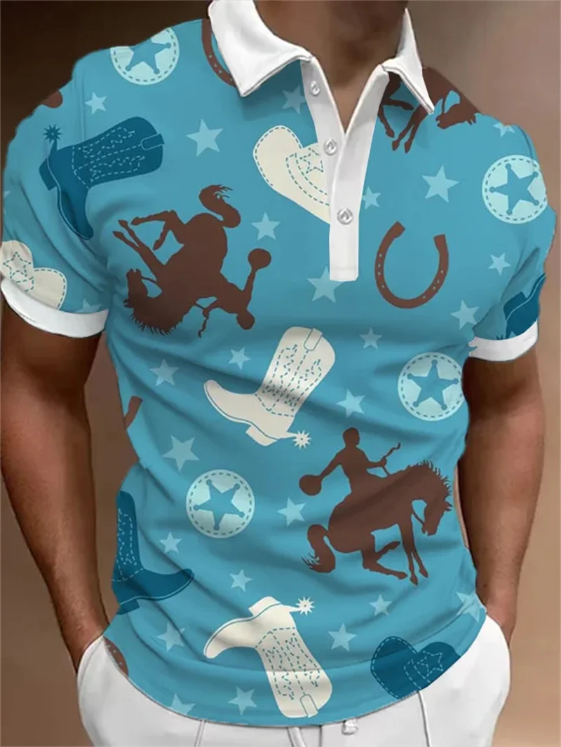 

Fashion and minimalist men's horse racing printed polo shirt summer short sleeved button up sport style oversized men's Clothing