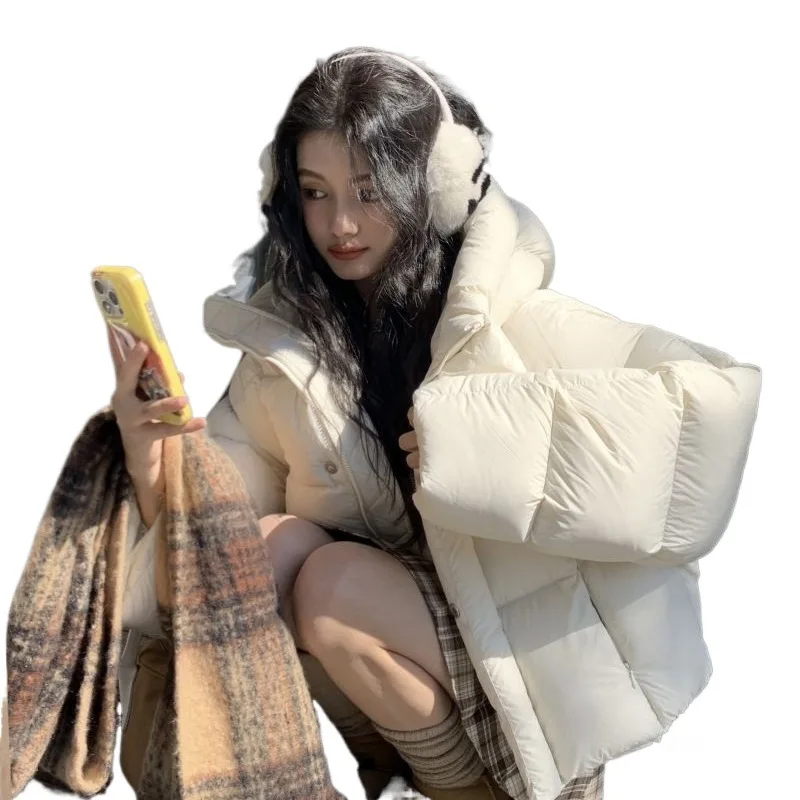 سترة نسائية شتوية جديدة لعام 2025 سترة نسائية قصيرة فضفاضة وسميكة النسخة الكورية سترة الخبز معطف بلون واحد #4