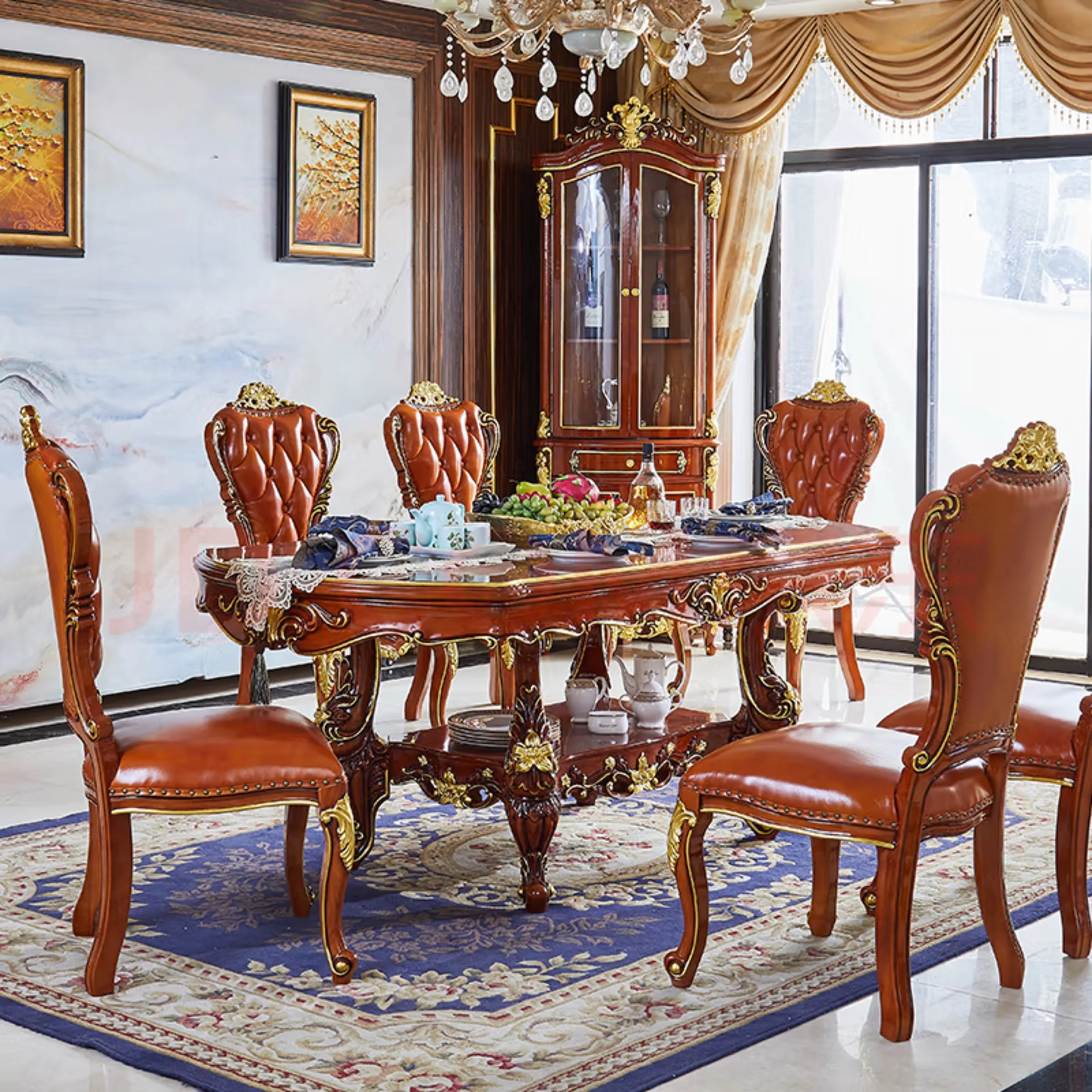 European style solid wood dining table luxury carved high-end restaurant dining table and chair combination