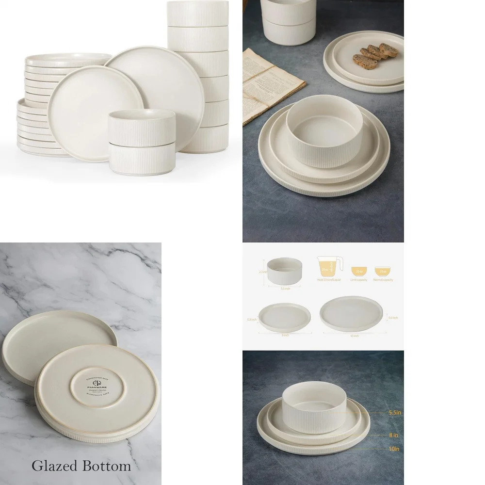 

Набор керамической посуды Набор столовой посуды из 24 предметов на 8 матовых белых тарелок и мисок Элегантный стильный дизайн Идеально подходит для повседневного использования