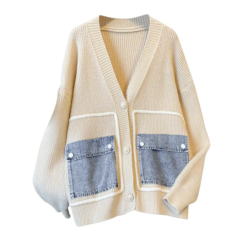 2023 Winter Denim Patchwork Knitting Cardigan For Women Loose V Neck Long Sleeve Design Y2K Sweater New Fashion Tops