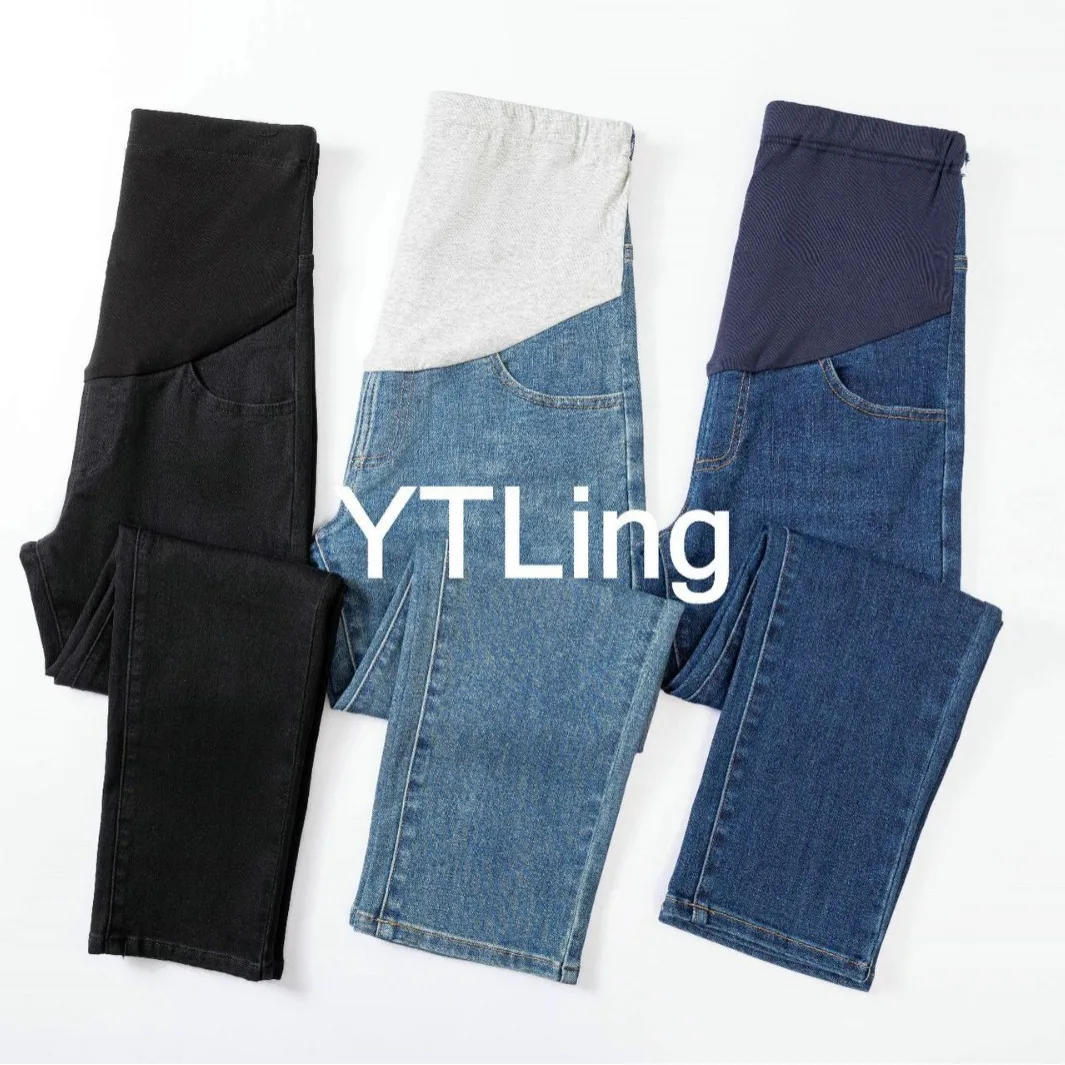 Spring Autumn Narrow Casual Stretch Denim Cropped Jeans Pants Pants Belly Support Tapered Straight-leg Pants for Pregnant Women