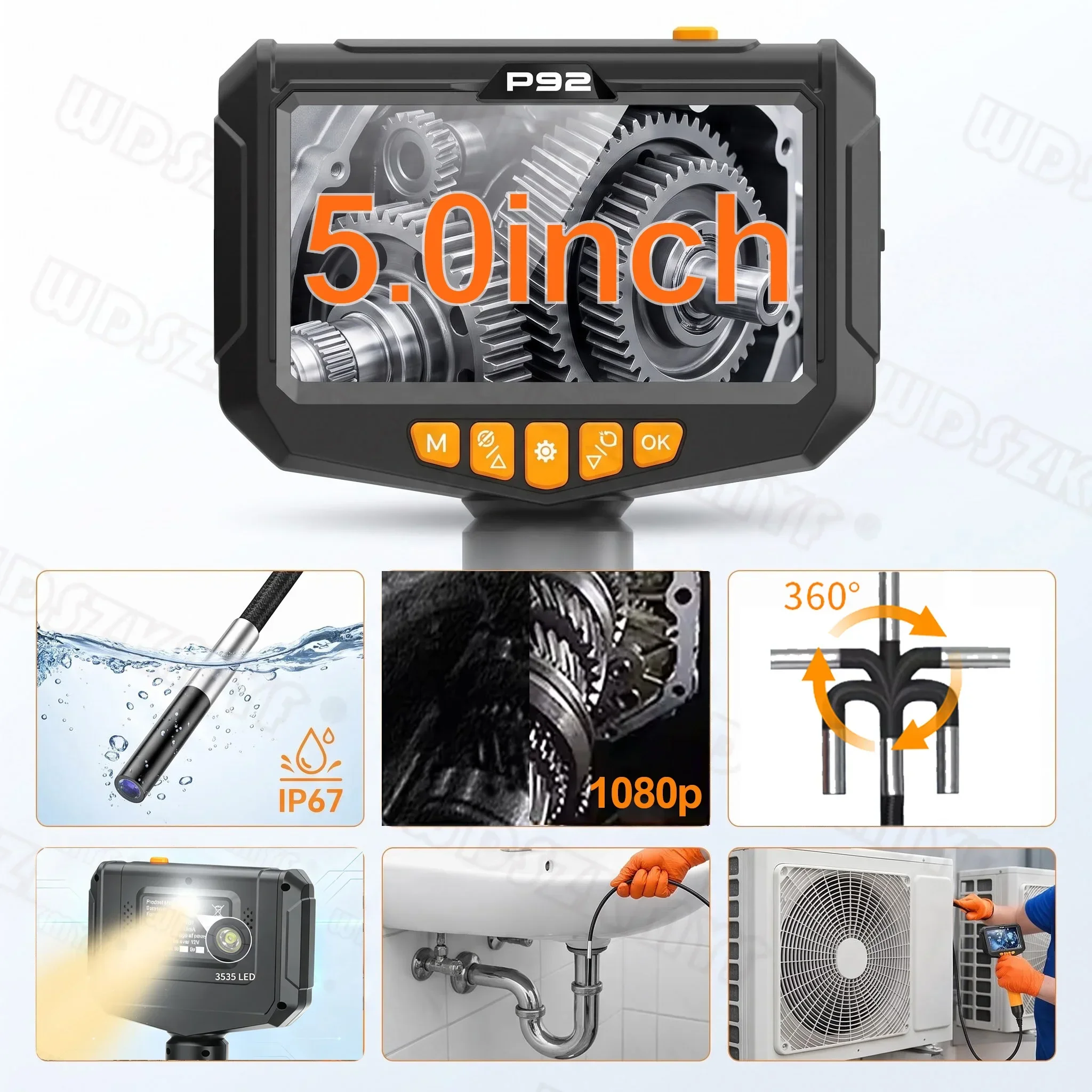 360°Industrial Endoscope Inspection Camera 5inch Screen IP67 6mm Lens Automotive Boroscope For Car SUV Inspection Device Camera
