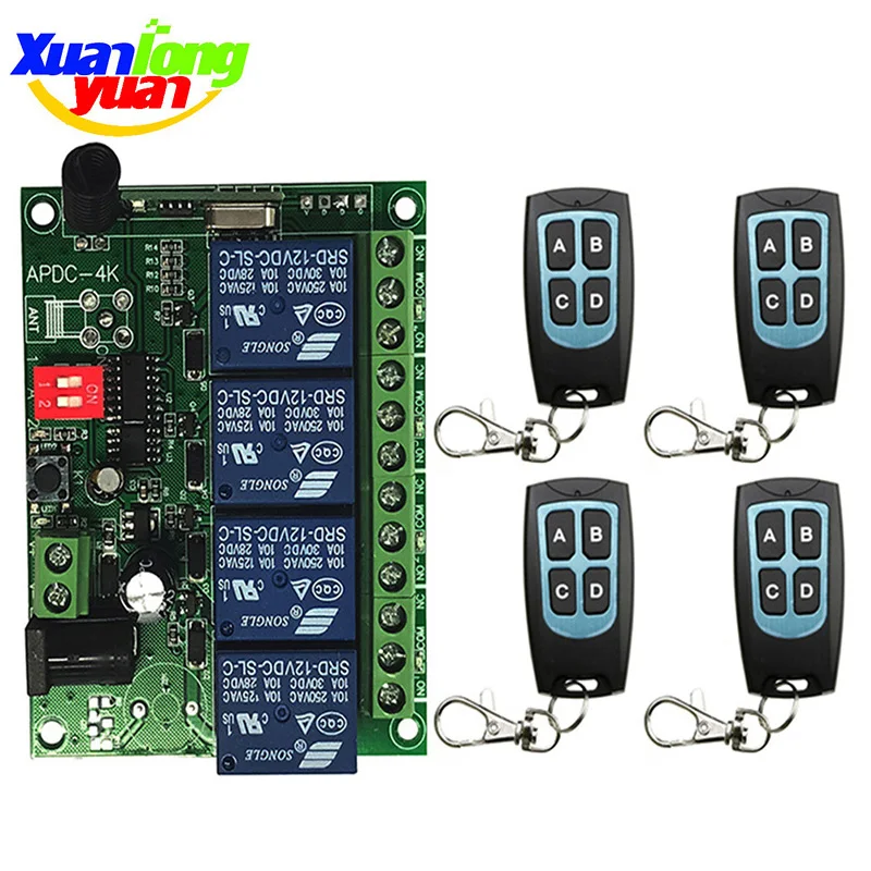 Smart Multiple DC 12V 24V 10A 433 MHz 4CH 4 CH 4 Channel Wireless Relay RF Remote Control Switch Receiver+Transmitter