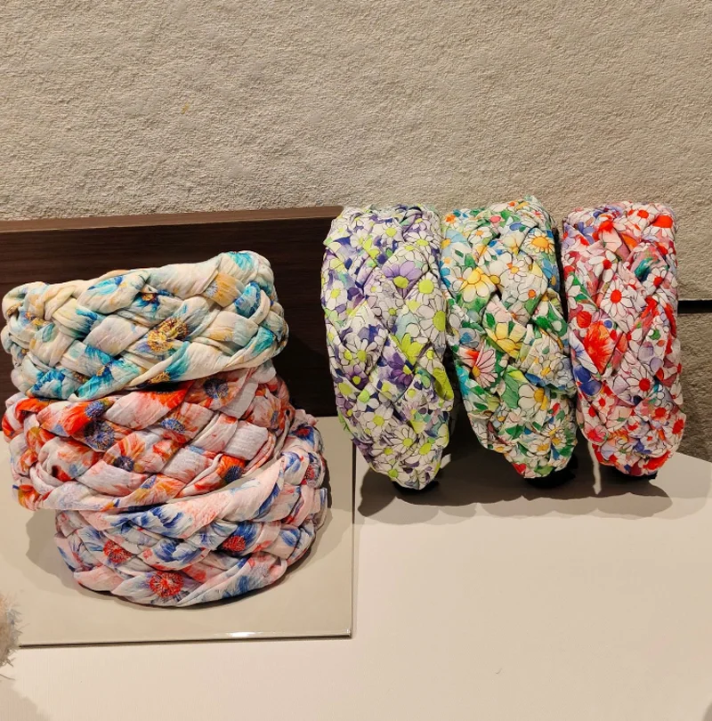 

Spring Summer Chiffon Print Hand Woven Headband Hairbands Women High Crown Wide Brim Hair Hoop Hair Bands Hair Pressing Clips