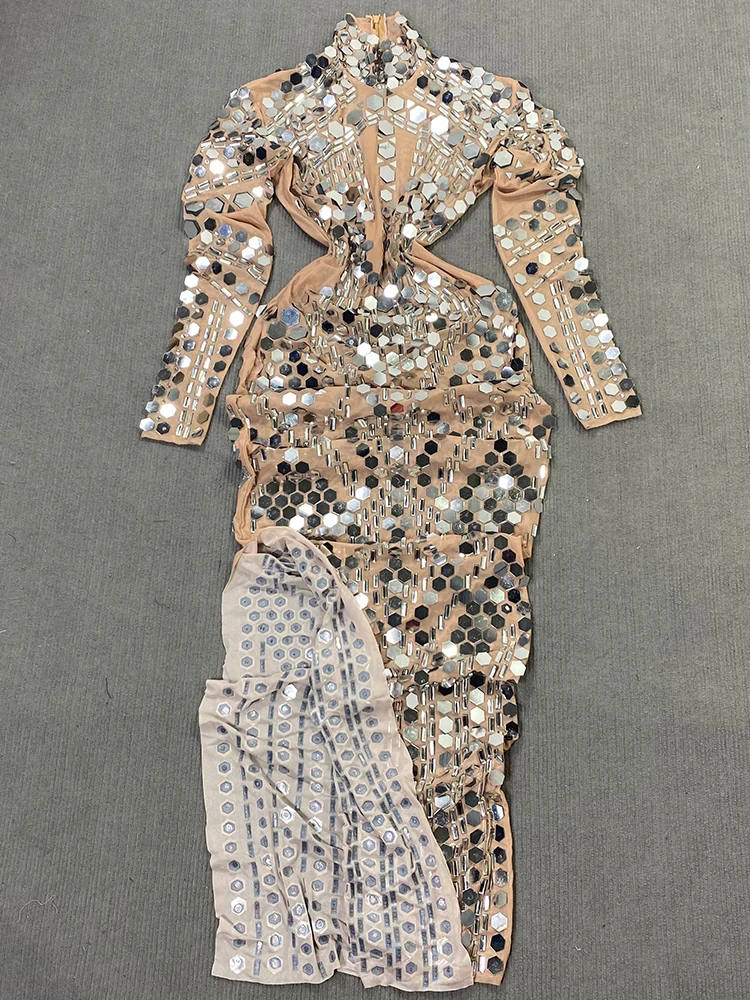 Женское блестящее сетчатое платье с блестками для вечеринки и клуба, сценический костюм для танцев, дня рождения, концертный костюм, платье длиной до пола для певицы