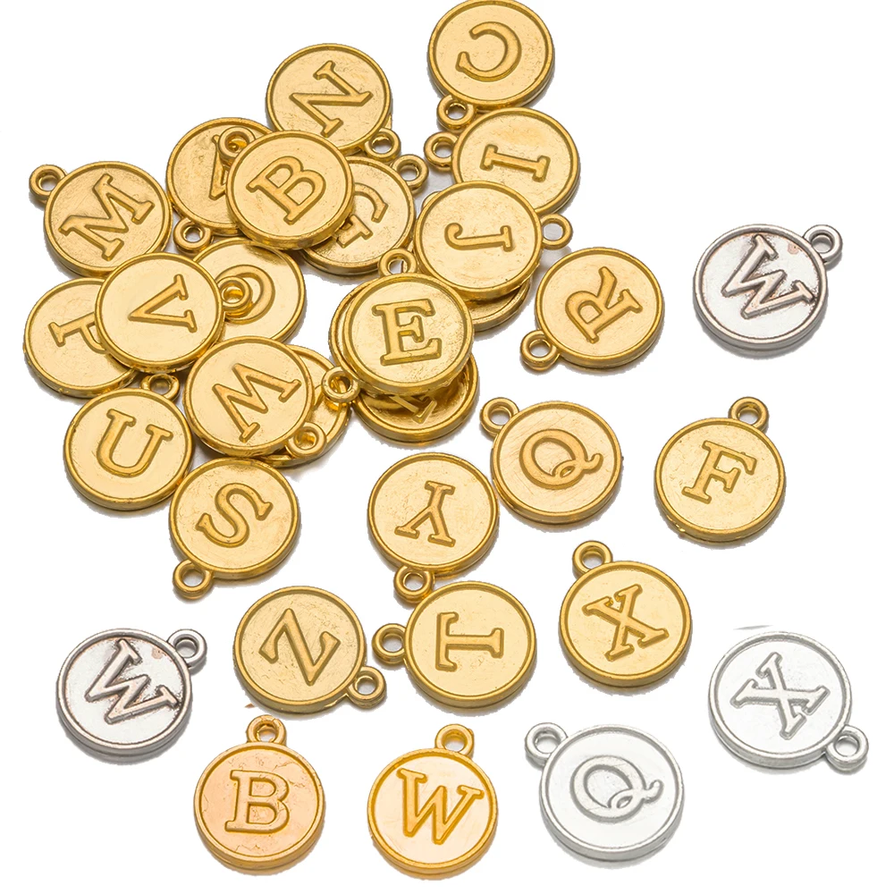 26pcs Gold Letter Round Charms Alphabet A-Z Alphabet Silver Pendants for DIY Bracelet Necklace Jewelry Making Crafting Supply