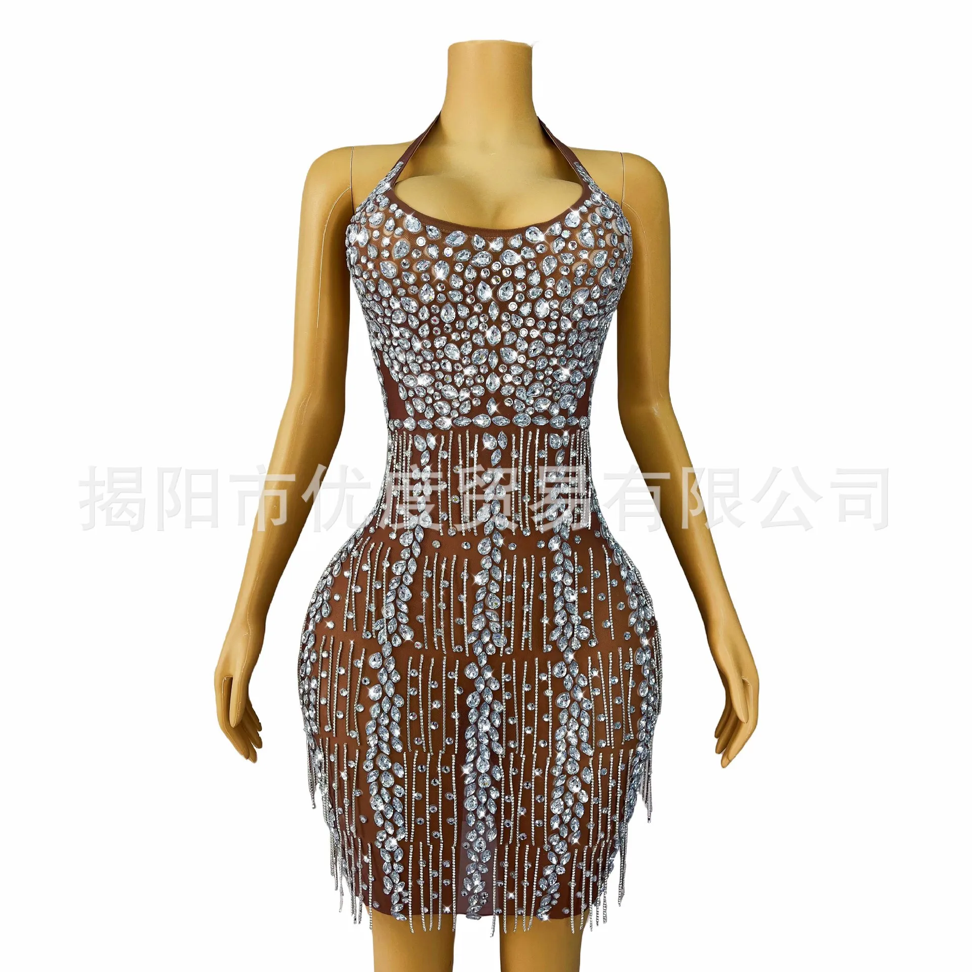 

Sexy Neck Halter Rhinestone Chain Dress Bar Party Night Show Skirt Dance Luxury Evening Gowns Vestidos Elegantes Mujer De Fiesta