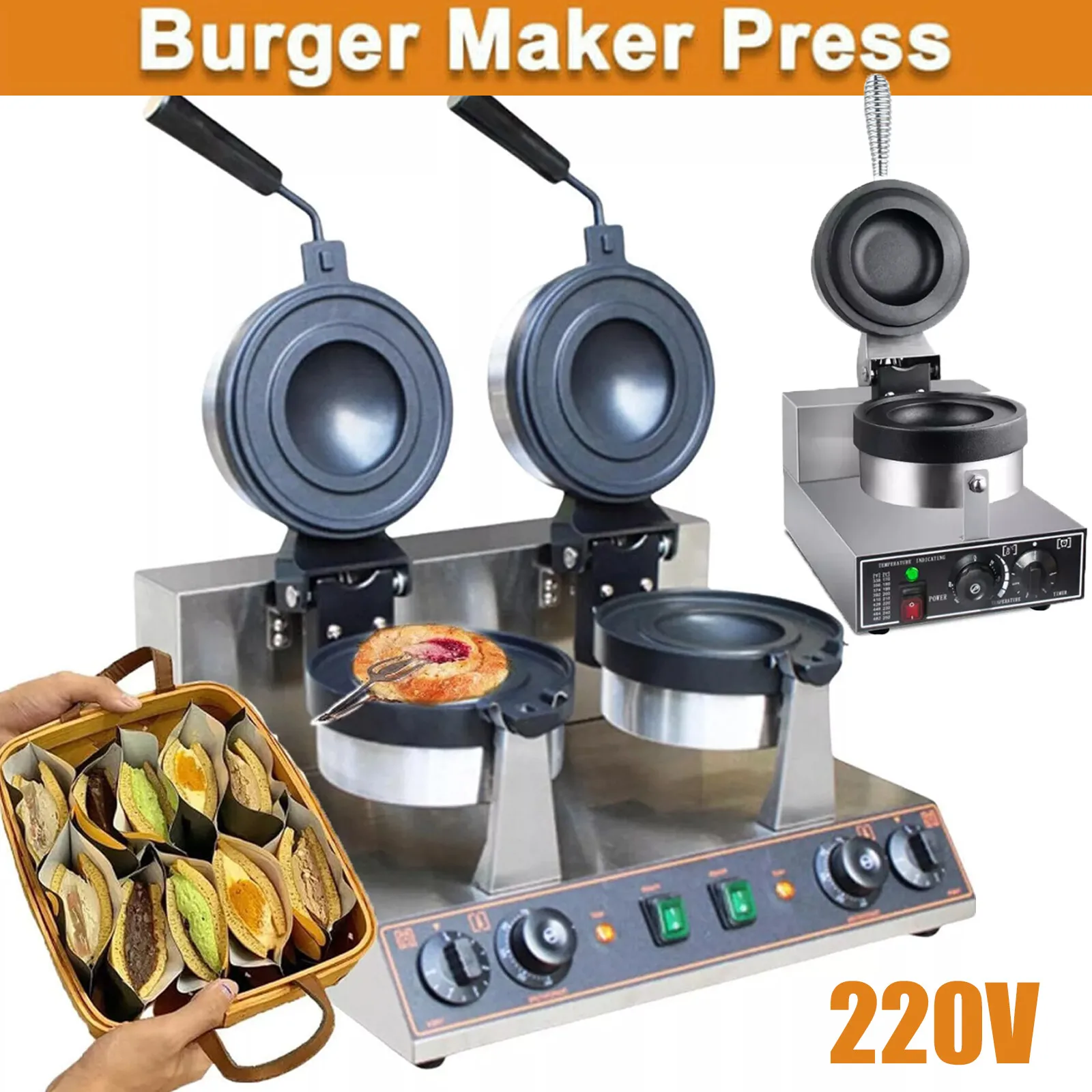 Kommerzieller UFO-Hamburger-Waffelautomat, doppelseitiger Heizkörper, Eiscreme-Burger-Maker, Zeit- und Temperaturregelung, Antihaftbeschichtung, Waffelpresse aus Edelstahl