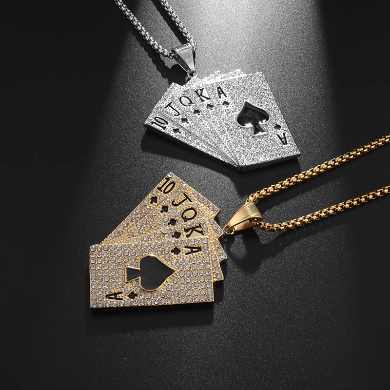 Fashion Trend Personality Hip Hop Punk Style Gold Plated Poker Playing Cards Creative Unique Design Men Pendant Square Necklace