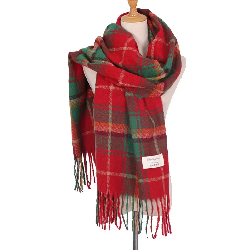 Classic Red Plaid Scarf in Winter Shawl Cashmere Imitation Christmas Red Gift Scarf Women Luxury Brand Desigual Thickened Warm