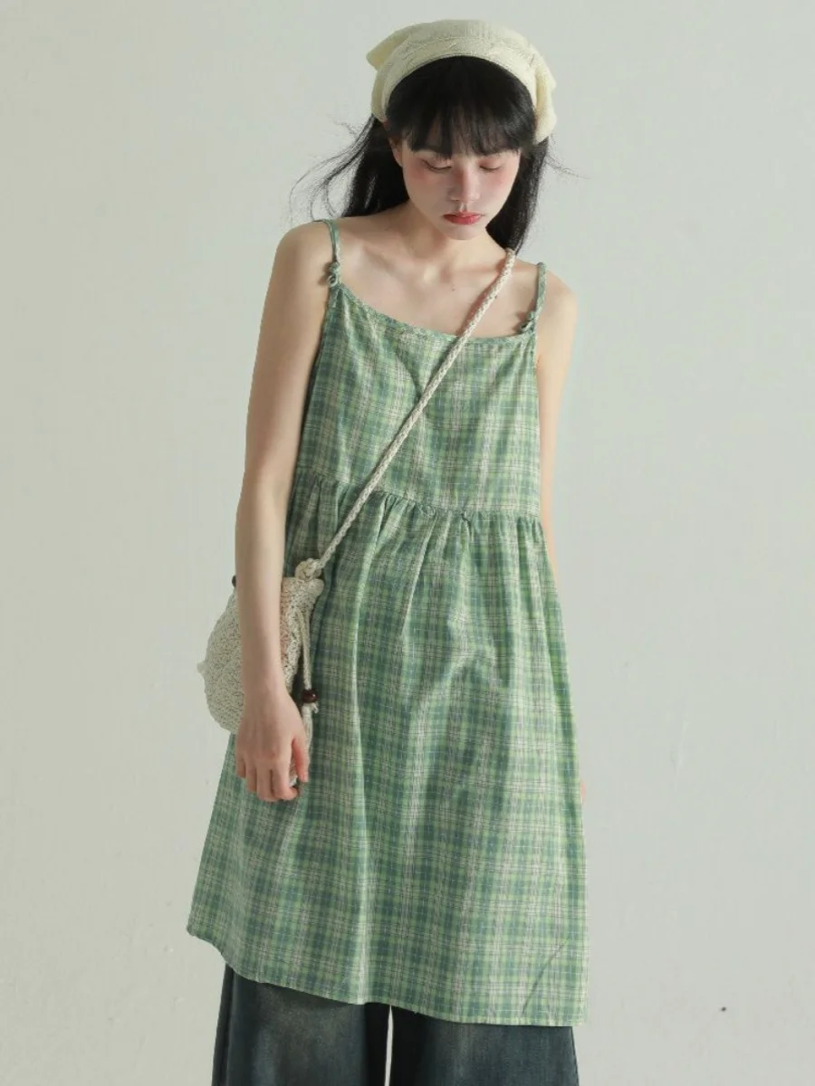 Sweet Girl Fresh Plaid One-shoulder Sleeveless Suspender Dress Female Summer Backless Casual Slimming Mid-length Camisole Dress